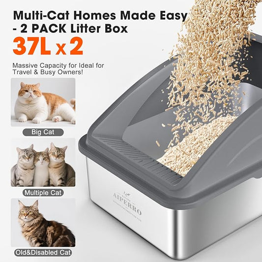 2 Pack Stainless Steel Litter Box | XL Enclosed Cat Litter Boxes with Lid for Big Cats and Multi-Cats | High Sided, Anti-Urine Leakage | Non-Stick Bottom(Multi-Colored)