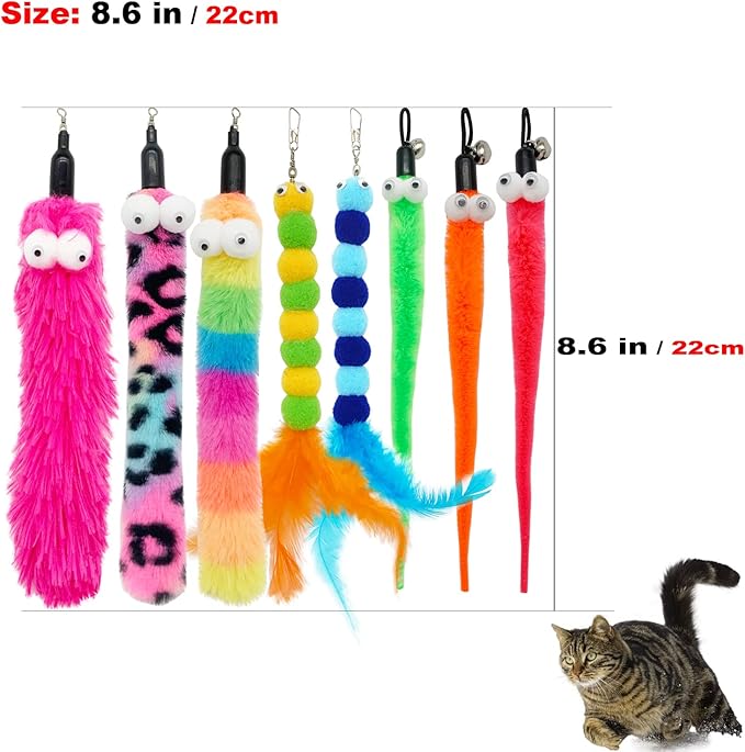 Cat Feather Toys, 1 Elasticity Cat Toy Wand and 8 Pieces Feathers Worms Refill, Interactive Teaser Cat Wand Toy for Indoor Cats Play Exercise