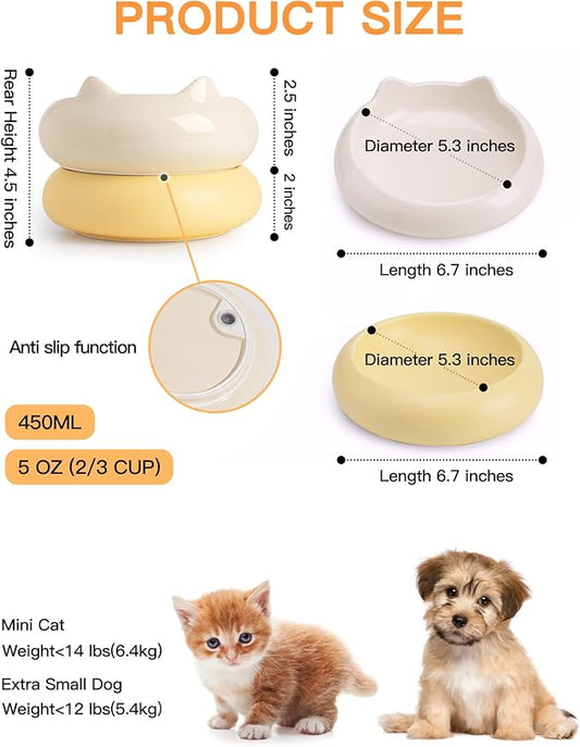 Cat Bowl, Ceramic Cat Bowls Food and Water Bowl Set, Whisker Friendly Cute Kitten Food Bowls for Protecting Pet's Spine, Beige & Yellow