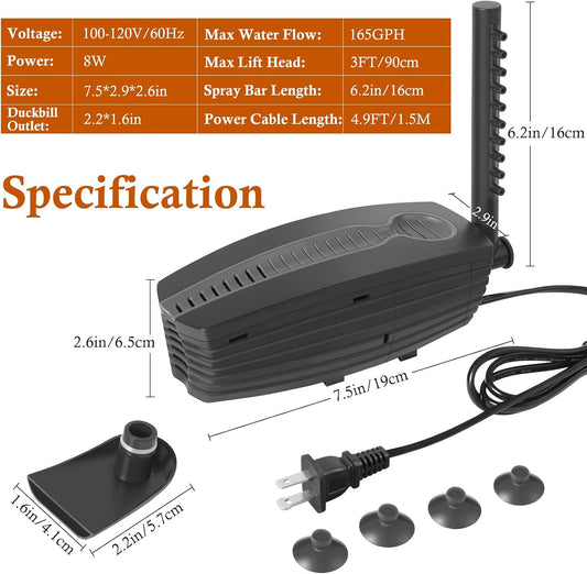 FEDOUR 165GPH Aquarium Filter U-V, 8W Adjustable Fish Tank Filter, U-V Submersible Internal Filter for 10-50 Gallon Tank, with Biochemical Cotton