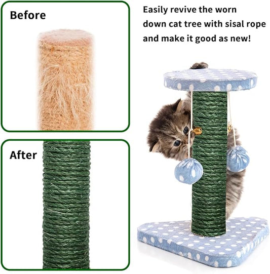 Green Sisal Rope, 1/4 Inch, 32-Feet, for Cat Scratching Post, DIY Hemp Twine, 6mm, 10m