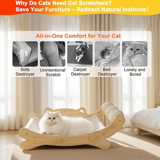 Cat Scratcher Bed for Indoor Cats | 3-in-1 Scratching Post & Hammock Lounge with Wooden Perch, No-Tip Stable Base for Small/Medium/Large Cats ,Durable Scratch Pad & Cat Furniture (Easy Assembly)