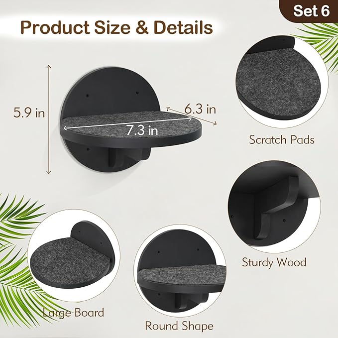 Y&ME 6-Pack Cat Climbing Shelves with Scratching Pad and Wall Mount for Cats to Sleep, Climb and Play (Black)