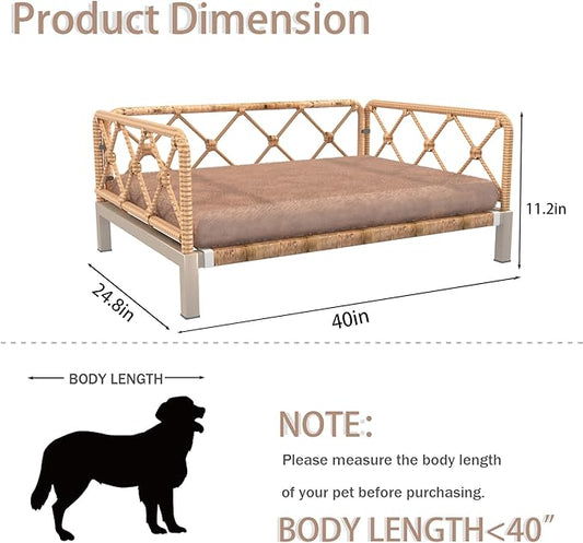 Outdoor Wicker Dog Bed Indoor Rattan Dogs Sofa with Soft Cushion, Dog Couch & Furniture, Pet Bed with Crate Pad(Brown Wicker and Cushion, Large and Medium)