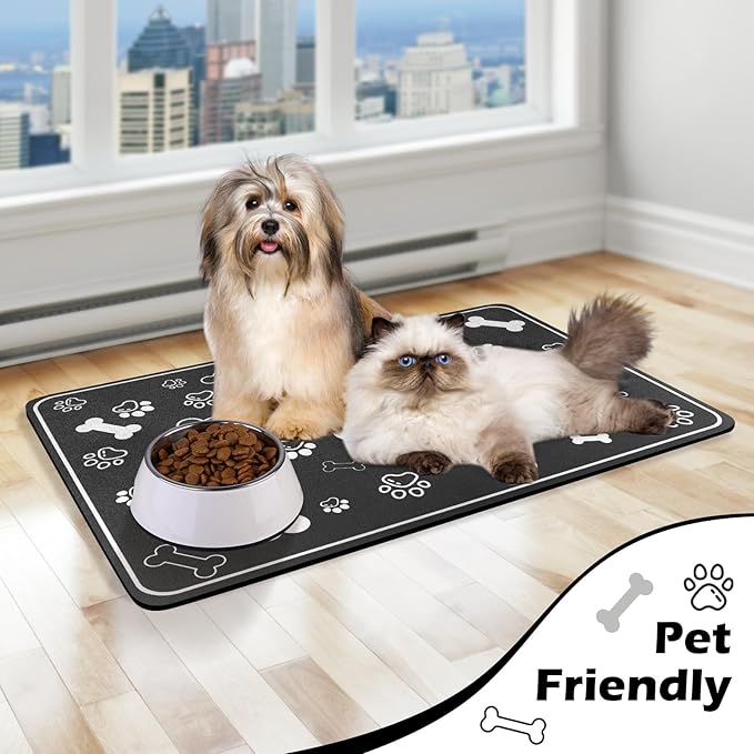Pet Feeding Mat,Rapid Absorbent Mats for Dog Cat Food, Dog Placemat Water Bowl Mat with Rubber Backing,Messy Drinkers to Protect Floors, Pet Accessories 17"×29" Black