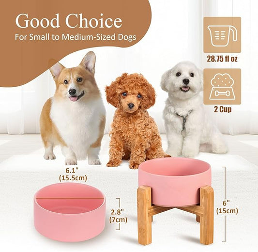 Ceramic Elevated Raised Cat Bowl with Wood Stand No Spill Pet Food Water Feeder Cats Small Dogs