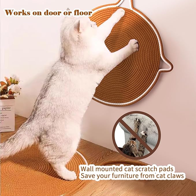2-Pack Cat Scratching Mats, Natural Cotton Rope Scratch Pad with Ear Shape Hanging Hook and Play Ball, Furniture Protector for Wall, Floor, Sofa, Couch, Carpet, Brown