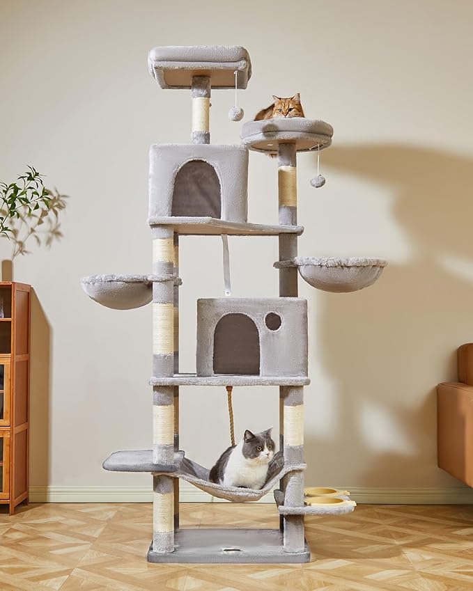 Taoqimiao 76-Inch Cat Tree Cat Tower for Indoor Cats, Plush Multi-Level Cat Condo with 12 Scratching Posts, 2 Perches, 2 Caves, Hammock, 2 Pompoms MS016W Light Gray