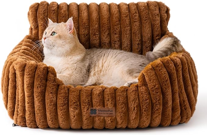 MEWOOFUN Cat Beds for Indoor Cats, Fluffy Cat Couch with Removable Washable Cover, Supportive Small Dog Beds for Puppy & Kitten up to 15 lbs (Brown, 24x19x12)