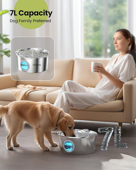 Dog Water Fountain Stainless Steel: 7L/1.8Gal Large Dog Fountains Quiet Automatic pet Drinking Dispenser - Indoor Cat Watering Fountains for Pets Metal Water Bowls for Cats with 4 Filters 4 sponges