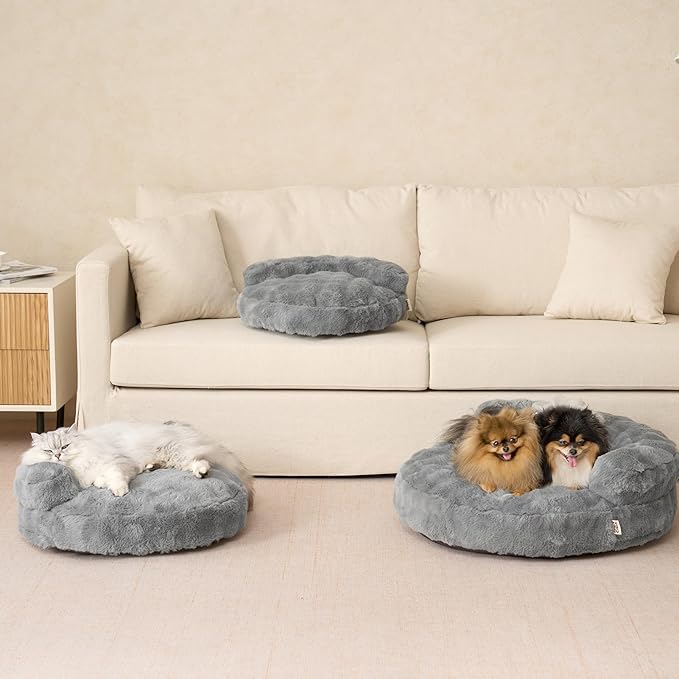 EHEYCIGA Small Dog Bed and Cat Couch for Puppy and Kitten - Fluffy Faux Rabbit Fur Pet Sofa with Washable Removable Cover, Waterproof and Non-Slip, 23 Inch Grey