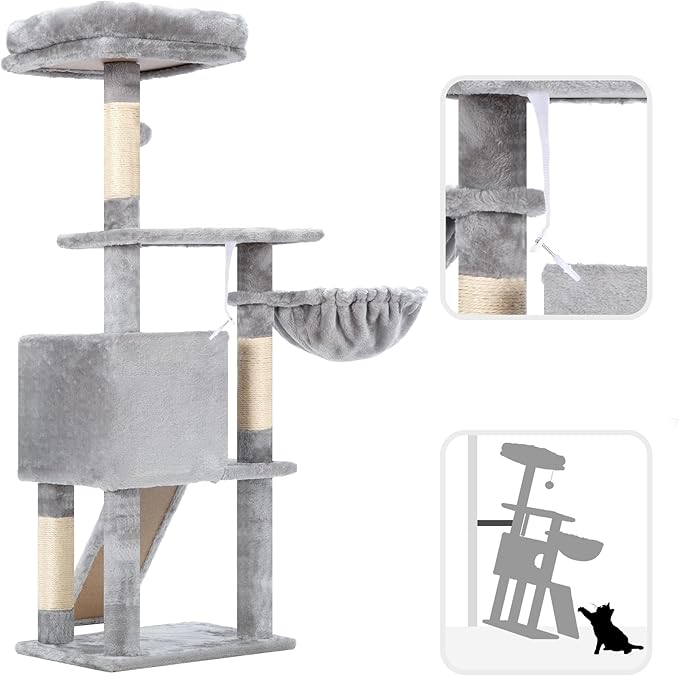 Hey-brother Cat Tree, 42.5-Inches Cat Tower for Indoor Cats, Plush Multi-Level Kitten Cat Condo with Scratching Post,Ramp, Basket, Spacious Cat Cave, Hanging Ball, Light Gray MPJ007SW