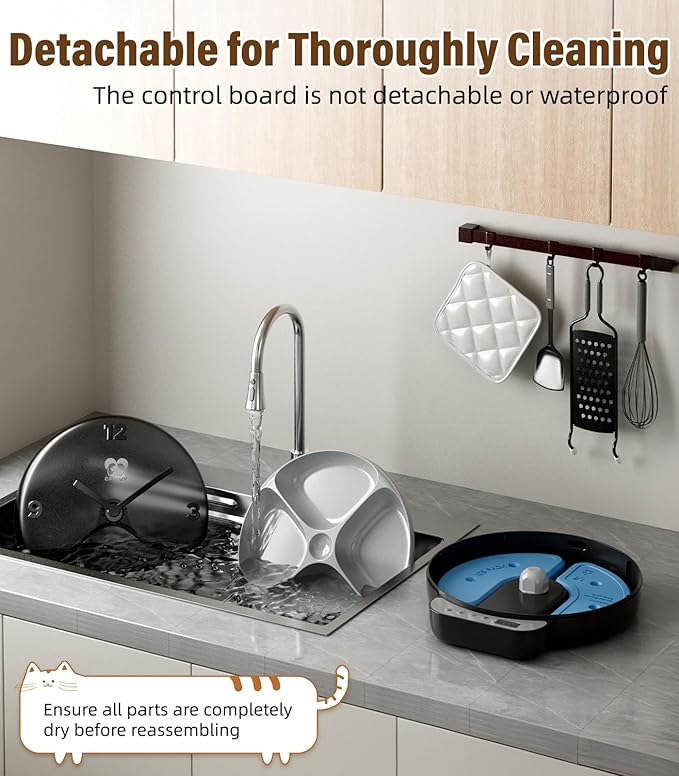 Casfuy Battery-Operated Automatic Cat Feeder - Whisker Friendly Automatic Cat Food Dispenser for Wet Dry Food Cordless 4-Meal Auto Feeder for Cats Small Dogs with Programmable 12H/24H Format Timer