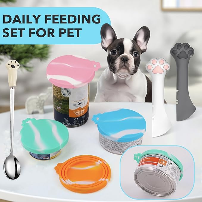 Comtim 5 Pcs Silicone Dog & Cat Food Covers - Multi-Function Can Opener Top/Spoon Spatula for Wet Food