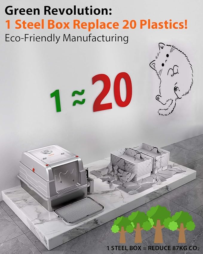 CATLIKE® 2025 Upgrade 152L XXXL Stainless Steel Cat Litter Box - 3-Layer Urine Leak-Proof, Enclosed Design w/Charcoal Filter for Maine Coon & Multi-Cat Homes, Includes Metal Scoop & Mat