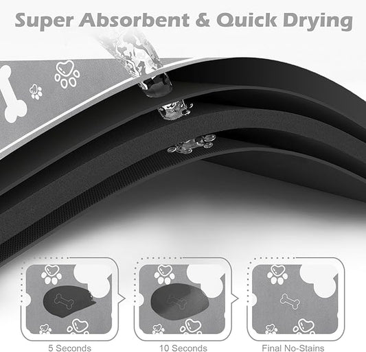 Pet Feeding Mat,Rapid Absorbent Mats for Dog Cat Food, Dog Placemat Water Bowl Mat with Rubber Backing,Messy Drinkers to Protect Floors, Pet Accessories 17"×29" Grey