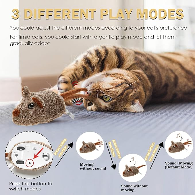 Cat Toys Squeaky Rechargeable Moving Mouse with Dynamic Magic Tail, Automatic Self Play Mouse Interactive Cat Toy for Indoor Cats, Kitten's Electric Multi-Mode Activated Mouse Toy (Brown)