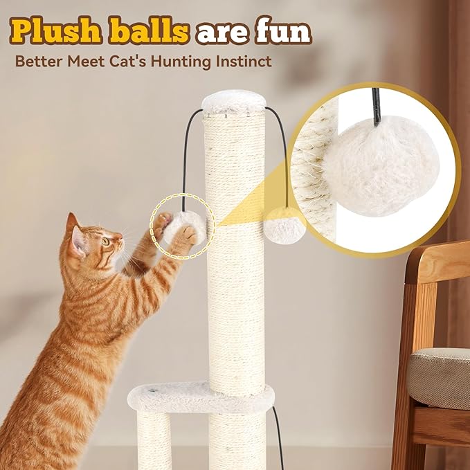 Dimaka Tall Cat Scratching Post, Double Lower Posts Extra Stable Cat Post Tree Scratcher with Sisal Rope and Teasing 4 Balls Total Large Base (Beige)