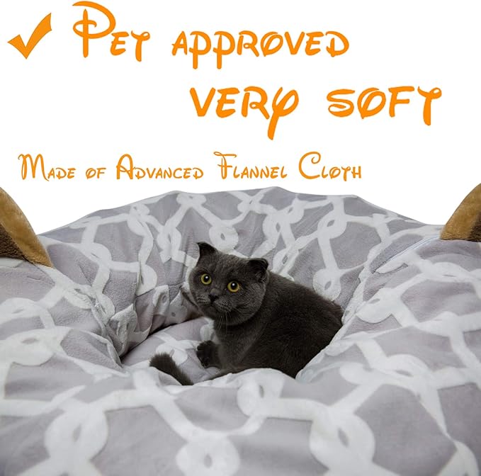 LUCKITTY Large Cat Tunnel Bed with Plush Cover,Fluffy Toy Balls, Small Cushion and Flexible Design- 10 inch Diameter, 3 ft Length- Great for Cats, and Small Dogs, Gray Geometric Figure