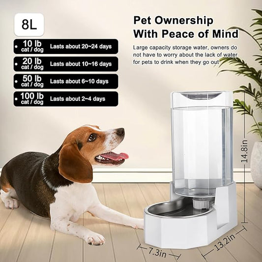 Sfozstra Large Dog Water Dispenser: 8L Automatic White Water Feeder with Stainless Steel Bowl - Without Filter - Gravity Design for Multiple Pets Indoor/Outdoor