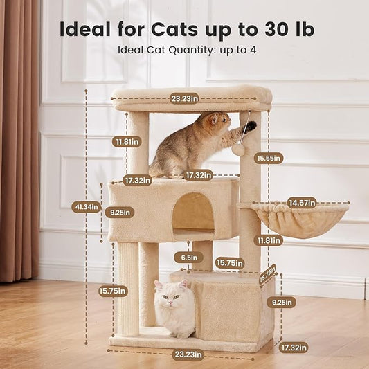 Gardner Pet 41" Tall Cat Tree for Large Cats, Heavy Duty Cat Tower with 3.2in Posts & Washable Top Perches, Space-Saving Cat Furniture with Replaceable Natural Sisal for Apartments, Easy to Assembly