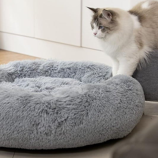 Anti Anxiety Round Fluffy Plush Faux Fur Warm Washable Dog Bed & Cat Bed, Original Bed for Small Medium Large Pets,Used to Relieve Joints and Improve Sleep(20"/24"/27'') (27", Light Grey)