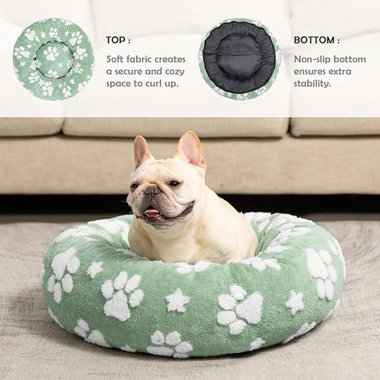 Donut Dog Beds for Small Dogs, Calming Round Cat Beds for Indoor Cats, Cute 3D Textured Paw Pet Bed with Removable Washable Cover and Anti-Slip Bottom(Green,23")