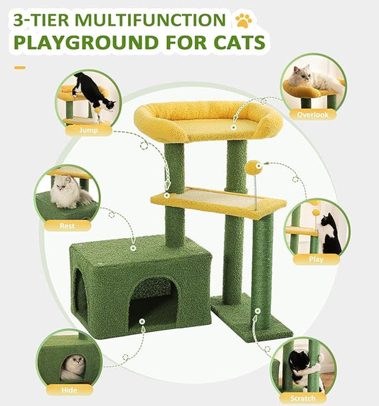 Made4Pets Cat Tree, Small Cat Tower for Indoors Cats, Cute Wood Kitty Condo with Scratching Post and Pad, 29" Multi-Level Modern Activity Climbing Furniture for Small and Medium Cats, Green