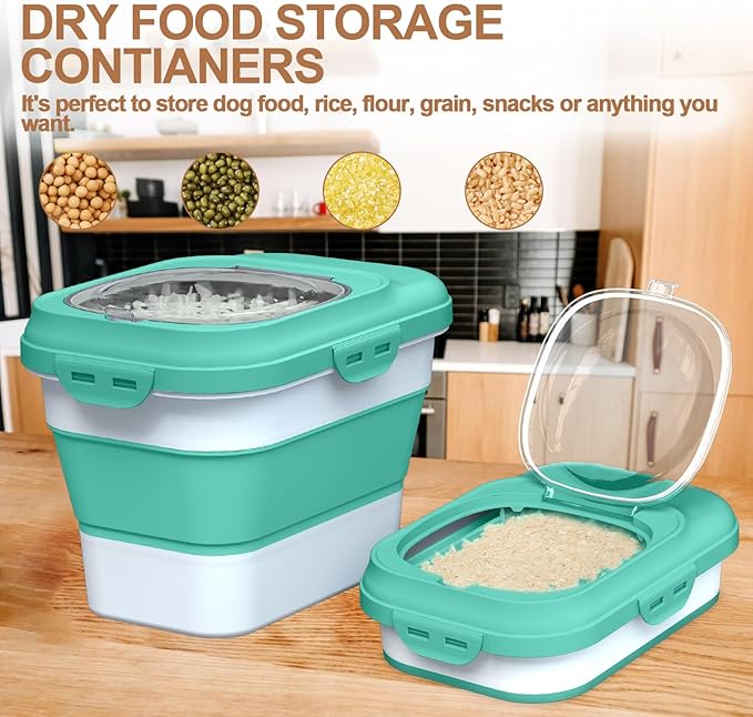 Dog Food Storage Container, 10lb to 13lb Collapsible Dog Cat Food Containers with Airtight Clear Flip-top and Pet Food Scoop, Pet Food Storage Container Bin for Dog Cat Bird Other Pets (Green)