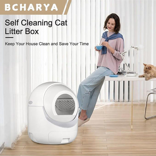 Self Cleaning Cat Litter Box, Automatic Cat Litter Box with APP Control Odor Removal Safety Protection for Multiple Cats, with Garbage Bags