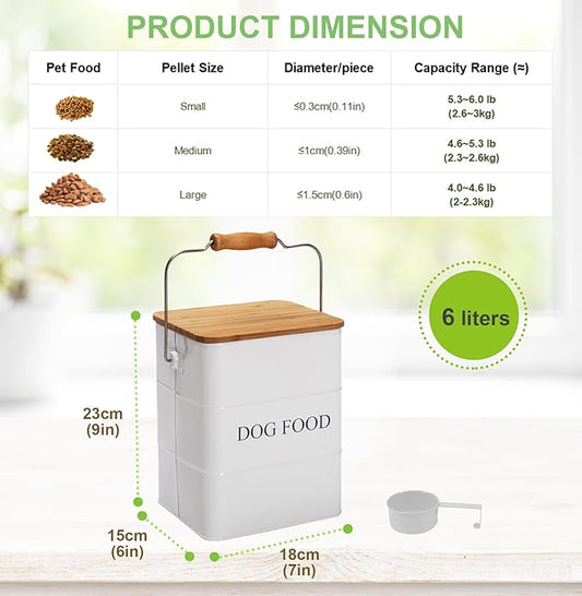 Dog Food storage container Dog Treats Jar,5~6 lb Metal food treats tin for Dog, pet snacks Canisters with wooden lid/handle/sevice scoop-White