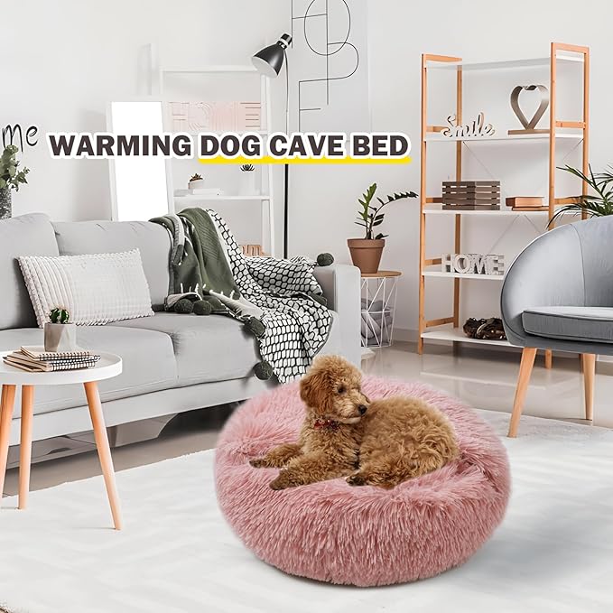 Cat Bed for Indoor Cats, Calming Cozy Cave with Self-Warming Plush, Entire Bed Machine Washable & Anti-Slip Base, Breathable Pet Bed for Small Cats&Dogs All Seasons (Leather Pink, 20 * 20inch)