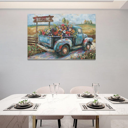 Farmhouse Truck Wall Art Rustic Country Wildflowers Wall Decor Road Flowers Landscape Pictures Canvas Print Painting Artwork for Bathroom Living Room Bedroom 16"x24"
