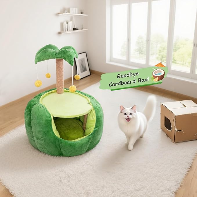 Cat Houses for Indoor Cats, Small Cat Tree with Sisal Ropes and Plush Perch, Cute Cat Bed Cave with Soft Pillow, Coconut Palm Design
