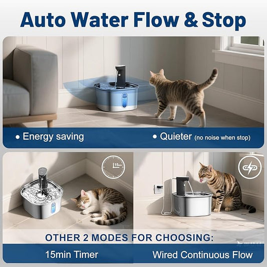 Wireless Cat Water Fountain Stainless 108oz 3.2L 5000mah Battery Operated Pet Fountain Cordless, Automatic Water Dispenser with Motion Sensor (Silver, Wireless Cat Fountain Stainless Steel)