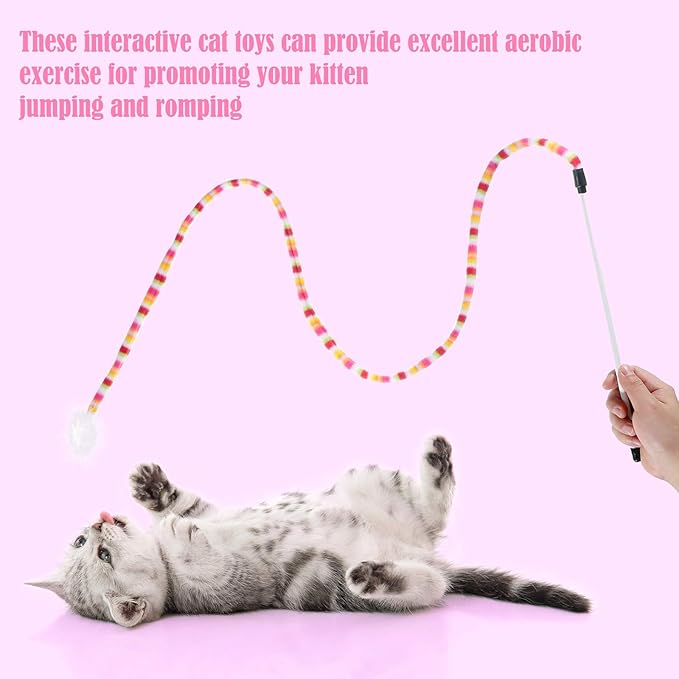 6 Pieces Cat Toys Interactive Cat Wand Toys with Feather and Bell Safe Teaser Catcher Stick Toy Colorful and Sounding Christmas Wand for Cats Kittens Training Pets Exerciser