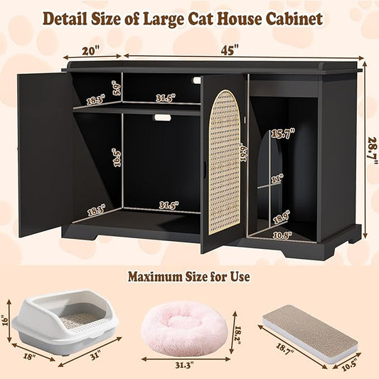 Large/Tall Cat Litter Box Enclosure, Hidden Litter Box with Convenient Entrance Large Shelf, Farmhouse Enclosed Litter Box Cabinet Rattan Cat House for Living Room Entryway (Black)