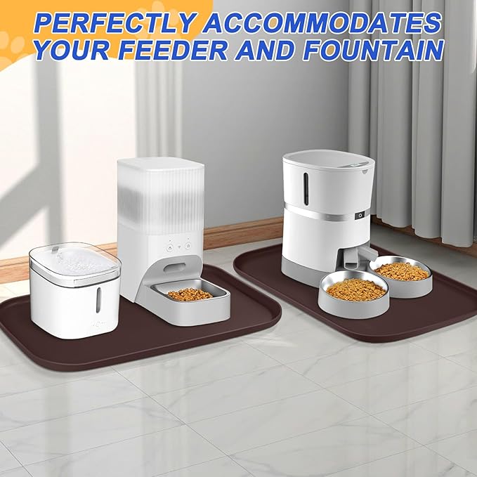 Silicone Pet Feeding Mat with Raised Edge for Food and Water, Dog Bowl Mats, Cat Bowls Placemat with High Lip for Floor Waterproof, Rubber Tray for Cats and Dogs 19 x 12 x0.7 Dark Brown