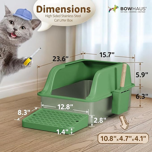 XL Enclosed Stainless Steel Cat Litter Box with Lid, High Sided Metal Litter Box w/Scoop, Enclosed Extra Large Metal Litter Box, Odorless Steel Litter Pan, Anti-Leakage & Easy Clean, Green