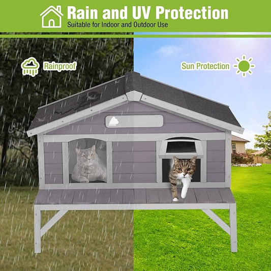 GUTINNEEN Outdoor Cat House Weatherproof with 3 Entry Doors, Elevated Base & PVC Curtain, Indoor/Outdoor Kitty Shelter for Small-Medium Pets