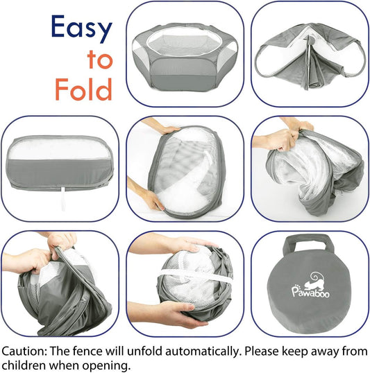 Pawaboo Small Animals Playpen, Waterproof Small Pet Cage Tent with Zippered Cover, Portable Outdoor Yard Fence with 3 Metal Rod for Chick/Kitten/Puppy/Guinea Pig/Rabbits/Hamster/Chinchillas,Light Gray