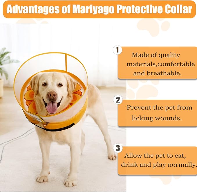 Inflatable Dog Cone Collar with Enhanced Anti-Licking, Soft Neck Donut for Dogs Cats, Recovery Pet Cone Collar After Surgery for Large Medium Small Dogs (Yellow Flower, Medium+)