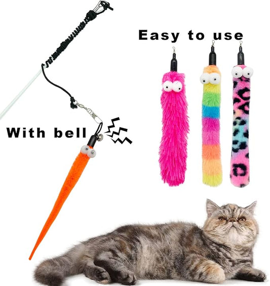 Cat Feather Toys, 1 Elasticity Cat Toy Wand and 8 Pieces Feathers Worms Refill, Interactive Teaser Cat Wand Toy for Indoor Cats Play Exercise