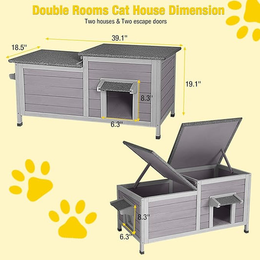 Aivituvin Outdoor Cat House,Double Rooms Waterproof Outside Feral Cat Shelter for Winter 100% Wood
