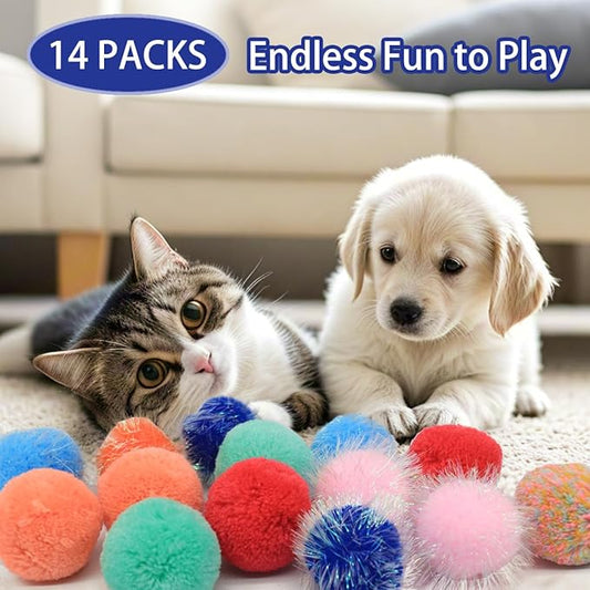 Cat Balls Toy, Cat Pom Pom Sparkle Fuzzy Balls Without Bells 14 Pcs