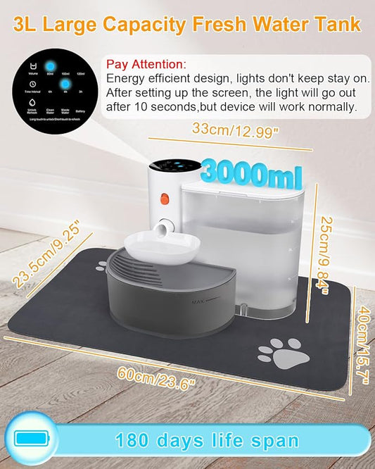 Smart Pet Water Fountain,Filterless Cat Water Fountain No Filter,3L/102oz Ultra Silent Cat Fountain, Separation Design(with A Quick Dry Pet Mat)