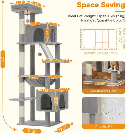 71 Inch Tall Cat Tree for Indoor Cats Large Adult, Multi-Level Cat Tower with Extra Large Hammock, 2 Cat Caves, Spacious Top Perch, Scratching Pad, Light Grey