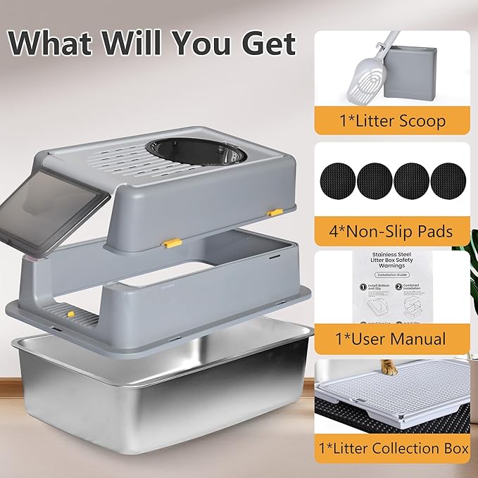 Stainless Steel Litter Box with Lid, XL Extra Large Metal Cat Litter Boxes for Big Cats Enclosed, Easy to Scoop with Litter Scoop Set, High Sides Enclosure Anti-Urine Leakage Non-Sticky, Grey