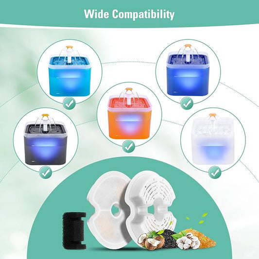 4 Pack Replacement Filters & 4 Pack Pump Filters for 67oz/2L Colorful Cat Fountain with LED Light, BFLICROY Cat Water Fountain Filter, Quadruple Filtration Pet Fountain Filters Replacement