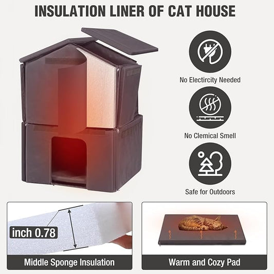 Insulated Cat House Outdoor Two-Story Feral Cat House with Escape Door and Two Large Side Door, Weatherproof Kitty Shelter with All-Round Insulated Liner for Outside